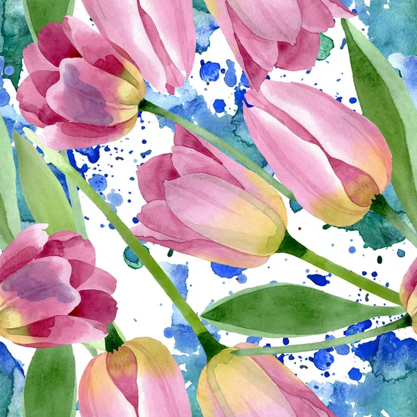 Rosa Tulpen mit botanischen Blüten. Aquarell Hintergrundillustration Set. nahtloses Hintergrundmuster. — Stockfoto