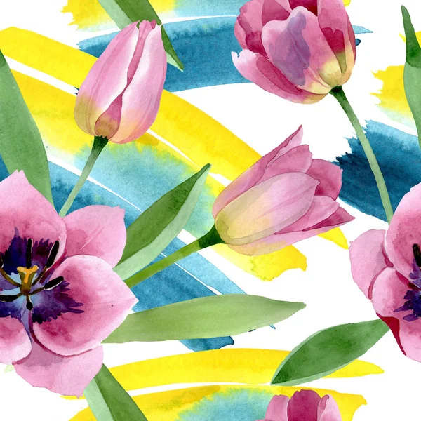 Tulipes roses fleurs botaniques florales. Ensemble d'illustration de fond aquarelle. Modèle de fond sans couture . — Stock Photo