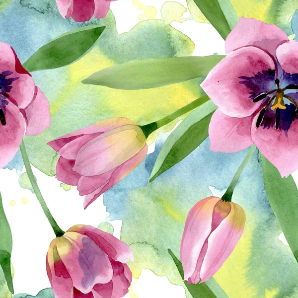 Tulipani rosa fiori botanici floreali. Acquerello sfondo illustrazione set. Modello di sfondo senza soluzione di continuità . — Foto stock