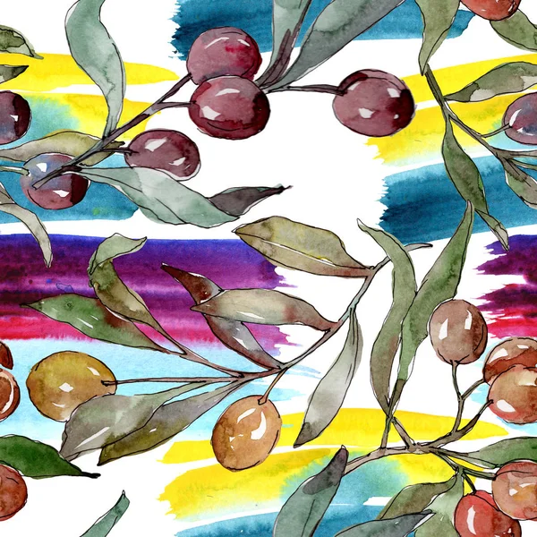 Rama de olivo con fruta negra y verde. Conjunto de ilustración de fondo acuarela. Patrón de fondo sin costuras . - foto de stock