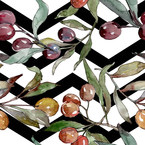 Olive branch with black and green fruit. Watercolor background illustration set. Seamless background pattern. — Stock Photo