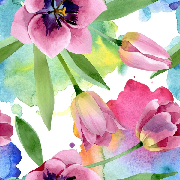 Rosa Tulpen mit botanischen Blüten. Aquarell Hintergrundillustration Set. nahtloses Hintergrundmuster. — Stockfoto