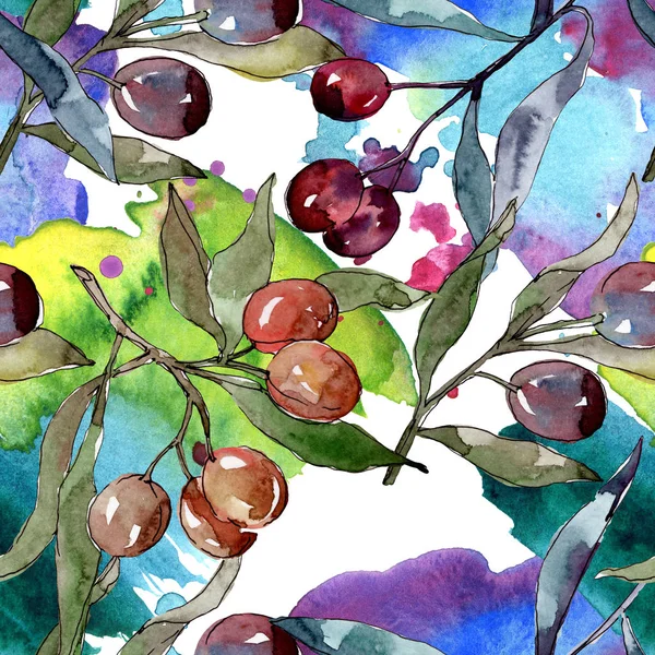 Olive branch with black and green fruit. Watercolor background illustration set. Seamless background pattern. — Stock Photo