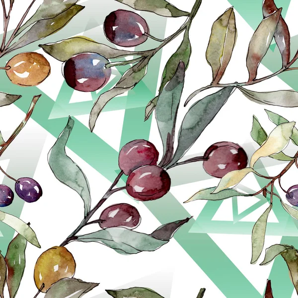 Olive branch with black and green fruit. Watercolor background illustration set. Seamless background pattern. — Stock Photo