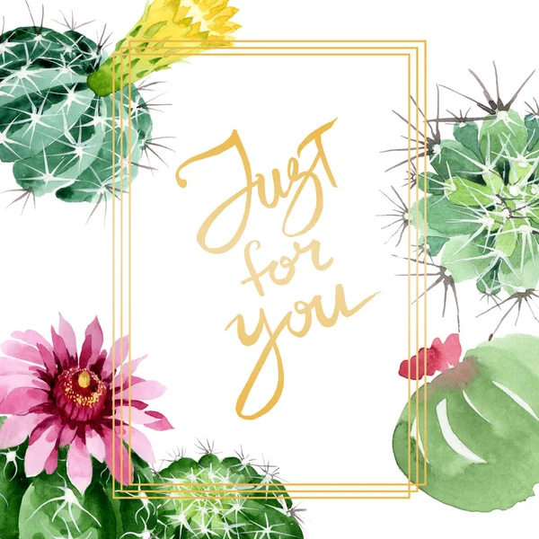 Fiori botanici floreali di cactus verde. Acquerello sfondo illustrazione set. Quadrato ornamento bordo cornice . — Foto stock