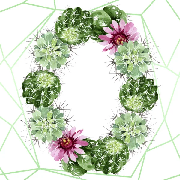 Grüne Kakteen mit botanischen Blüten. Aquarell Hintergrundillustration Set. Rahmen Rand Ornament Quadrat. — Stockfoto