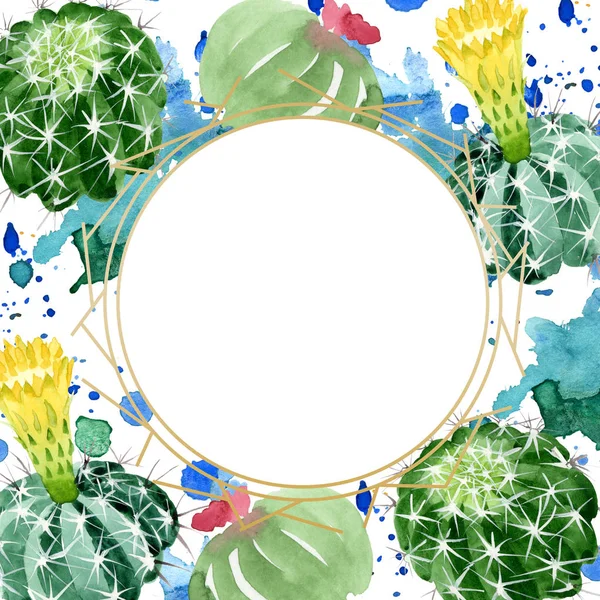 Grüne Kakteen mit botanischen Blüten. Aquarell Hintergrundillustration Set. Rahmen Rand Ornament Quadrat. — Stockfoto