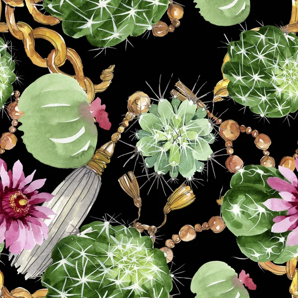 Green cactus floral botanical flowers. Watercolor background illustration set. Seamless background pattern. — Stock Photo