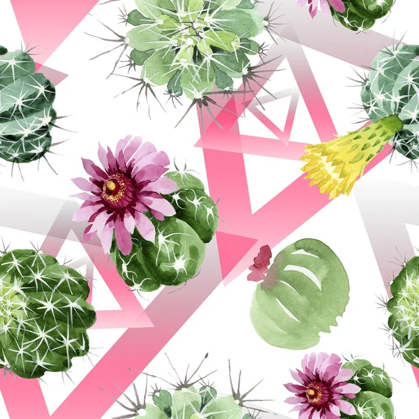 Green cactus floral botanical flowers. Watercolor background illustration set. Seamless background pattern. — Stock Photo