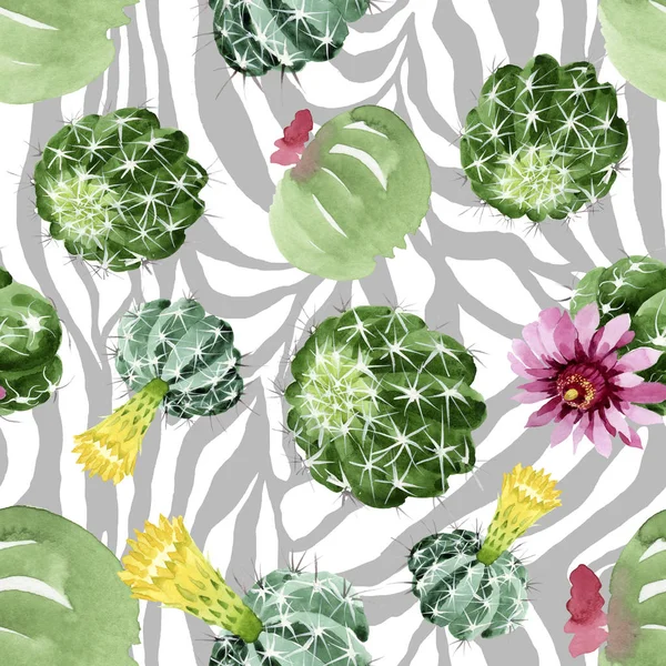 Fiori botanici floreali di cactus verde. Acquerello sfondo illustrazione set. Modello di sfondo senza soluzione di continuità . — Foto stock