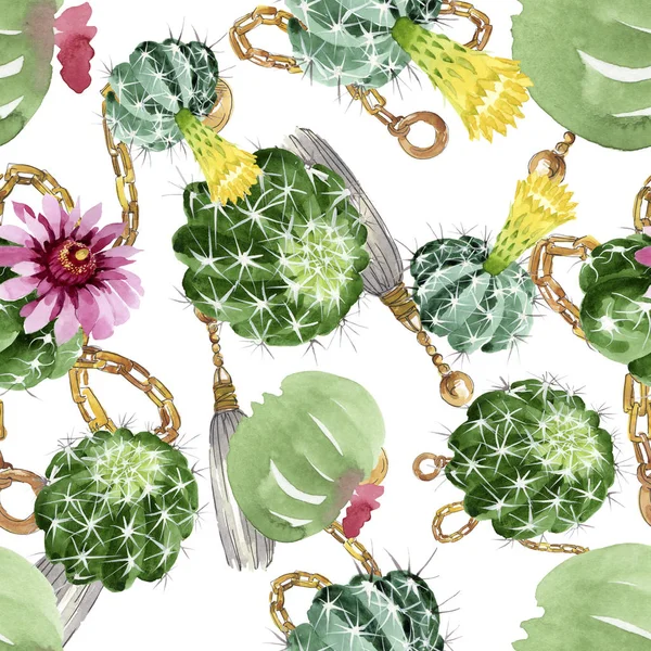 Green cactus floral botanical flowers. Watercolor background illustration set. Seamless background pattern. — Stock Photo