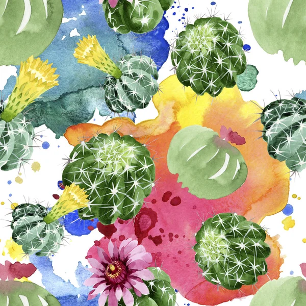 Grüne Kakteen mit botanischen Blüten. Aquarell Hintergrundillustration Set. nahtloses Hintergrundmuster. — Stockfoto