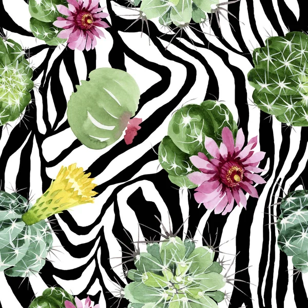 Зелені кактуси квіткові ботанічні квіти. Набір ілюстрацій для акварельного фону. Безшовний візерунок тла . — Stock Photo