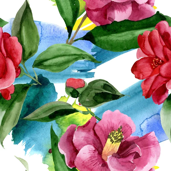 Червона камелія квіткова ботанічна квітка. Набір ілюстрацій для акварельного фону. Безшовний візерунок тла . — стокове фото