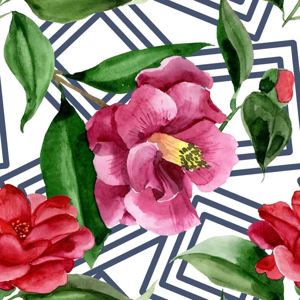 Червона камелія квіткова ботанічна квітка. Набір ілюстрацій для акварельного фону. Безшовний візерунок тла . — стокове фото