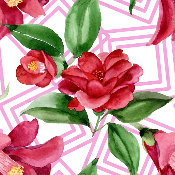 Camelia rossa fiore botanico floreale. Acquerello sfondo illustrazione set. Modello di sfondo senza soluzione di continuità . — Foto stock