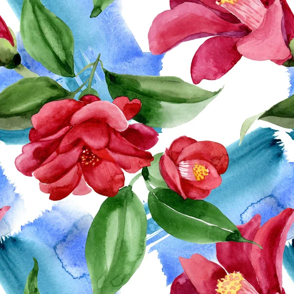 Rote Kamelie blühende botanische Blume. Aquarell Hintergrundillustration Set. nahtloses Hintergrundmuster. — Stockfoto