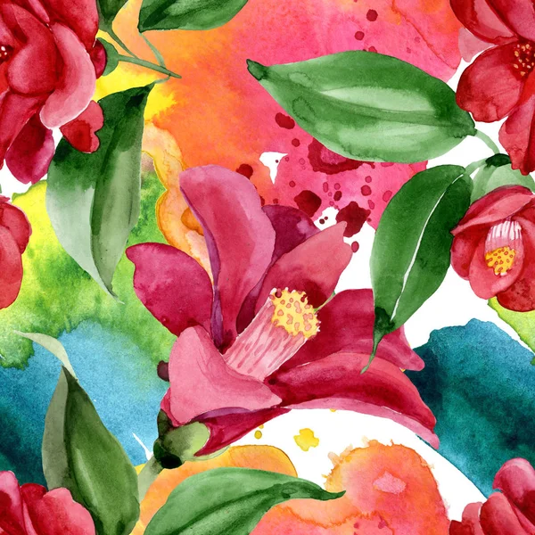 Rote Kamelie blühende botanische Blume. Aquarell Hintergrundillustration Set. nahtloses Hintergrundmuster. — Stockfoto