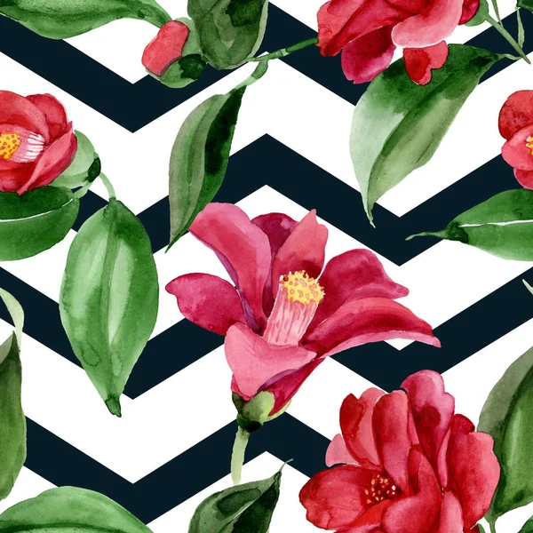 Fleur botanique florale de camélia rouge. Ensemble d'illustration de fond aquarelle. Modèle de fond sans couture . — Photo de stock