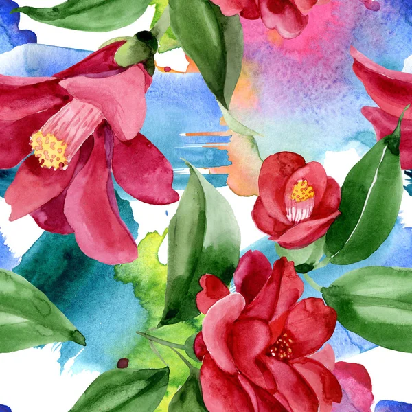 Rote Kamelie blühende botanische Blume. Aquarell Hintergrundillustration Set. nahtloses Hintergrundmuster. — Stockfoto