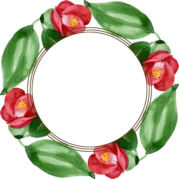 Rote Kamelie blühende botanische Blume. Aquarell Hintergrundillustration Set. Rahmen Rand Ornament Quadrat. — Stockfoto