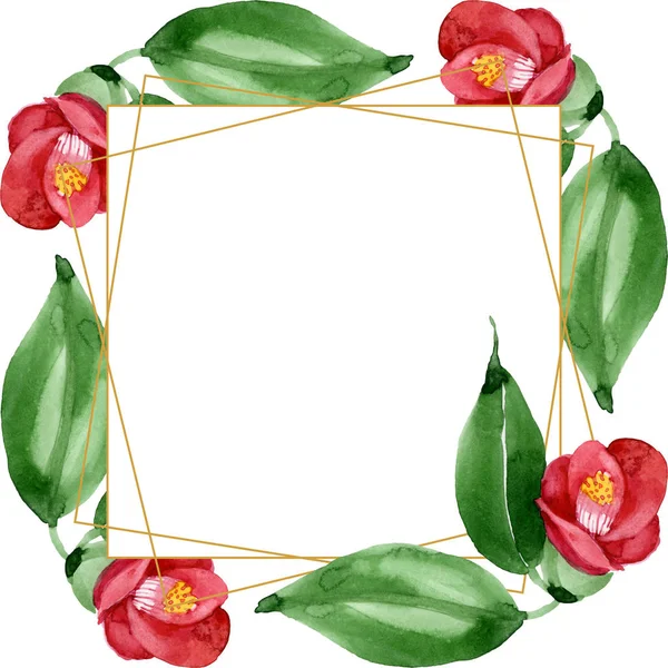 Rote Kamelie blühende botanische Blume. Aquarell Hintergrundillustration Set. Rahmen Rand Ornament Quadrat. — Stockfoto