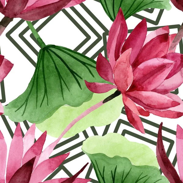 Red lotus floral botanical flower. Watercolor background illustration set. Seamless background pattern. — Stock Photo