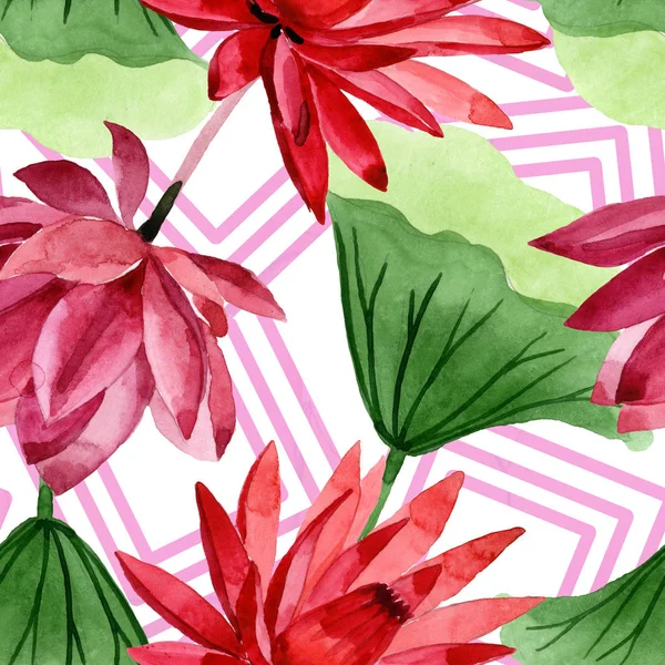 Red lotus floral botanical flower. Watercolor background illustration set. Seamless background pattern. — Stock Photo