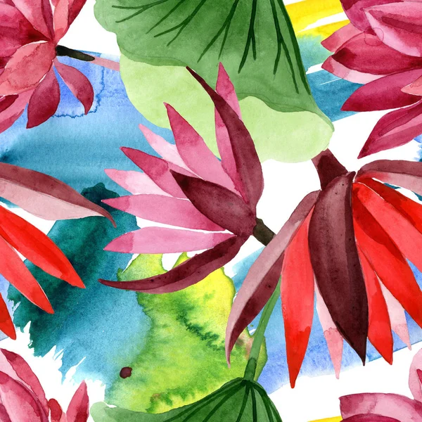 Lotus rouge fleur botanique florale. Ensemble d'illustration de fond aquarelle. Modèle de fond sans couture . — Photo de stock