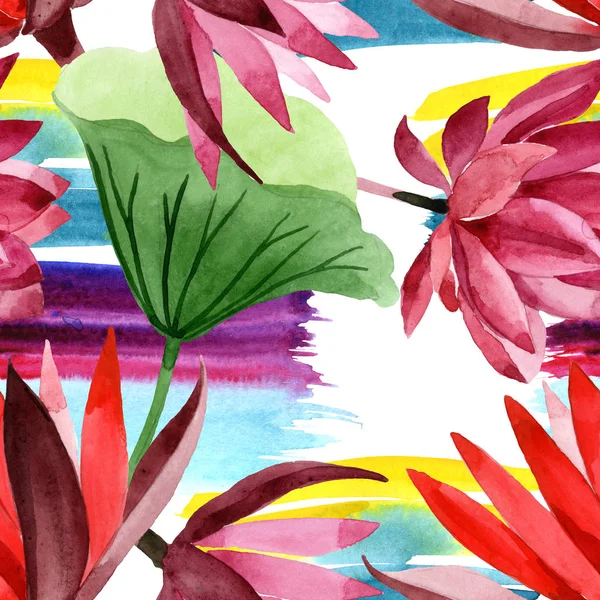 Rote botanische Lotusblume. Aquarell Hintergrundillustration Set. nahtloses Hintergrundmuster. — Stockfoto