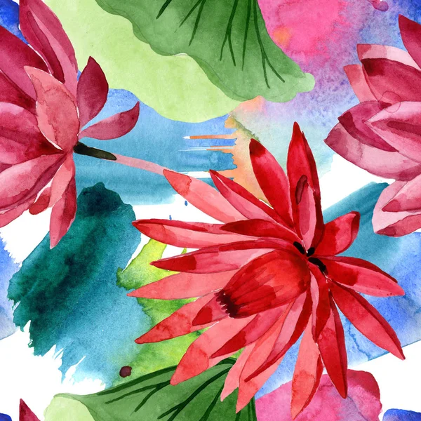 Rote botanische Lotusblume. Aquarell Hintergrundillustration Set. nahtloses Hintergrundmuster. — Stockfoto