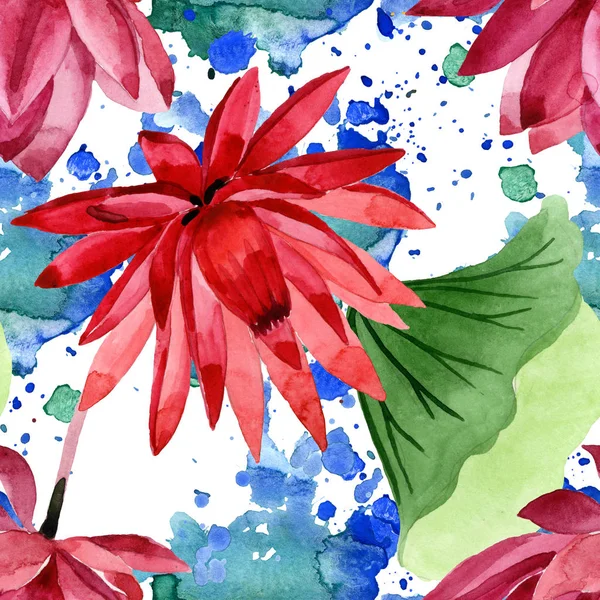 Rote botanische Lotusblume. Aquarell Hintergrundillustration Set. nahtloses Hintergrundmuster. — Stockfoto