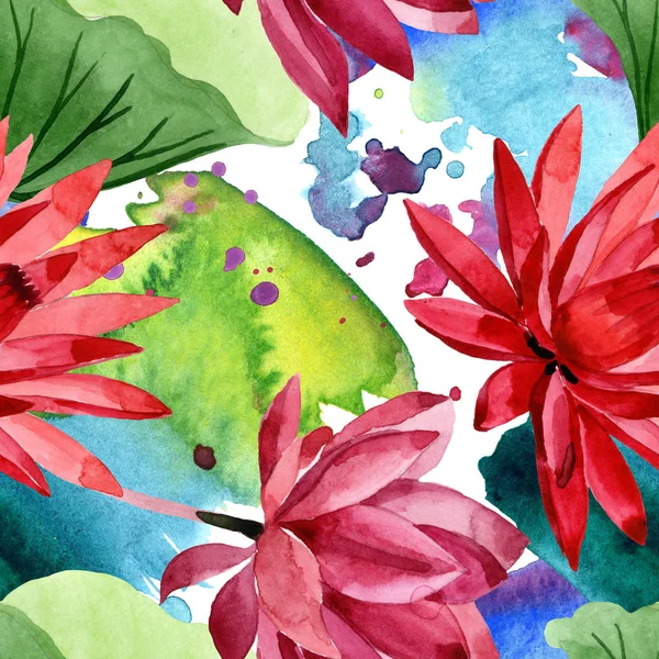 Rote botanische Lotusblume. Aquarell Hintergrundillustration Set. nahtloses Hintergrundmuster. — Stockfoto