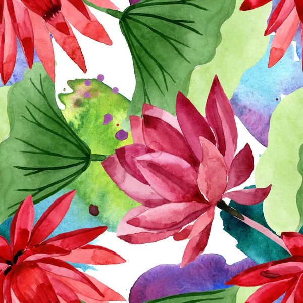 Rote botanische Lotusblume. Aquarell Hintergrundillustration Set. nahtloses Hintergrundmuster. — Stockfoto