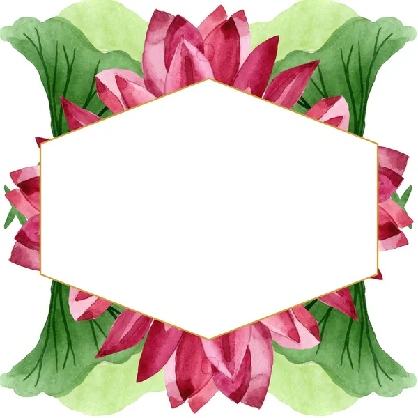 Red lotus floral botanical flower. Watercolor background illustration set. Frame border ornament square. — Stock Photo