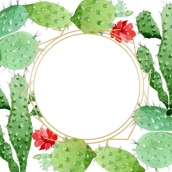 Flores botánicas florales de cactus verde. Conjunto de ilustración de fondo acuarela. Marco borde ornamento cuadrado . - foto de stock