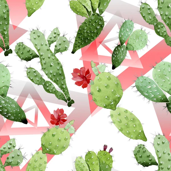 Green cactus floral botanical flowers. Watercolor background illustration set. Seamless background pattern. — Stock Photo