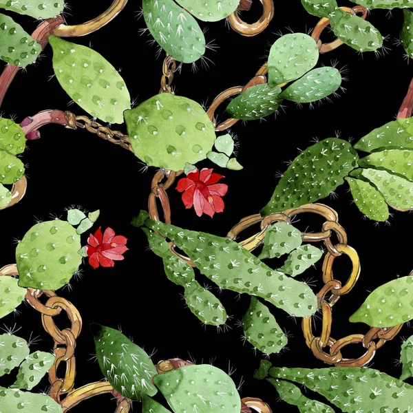 Grüne Kakteen mit botanischen Blüten. Aquarell Hintergrundillustration Set. nahtloses Hintergrundmuster. — Stockfoto