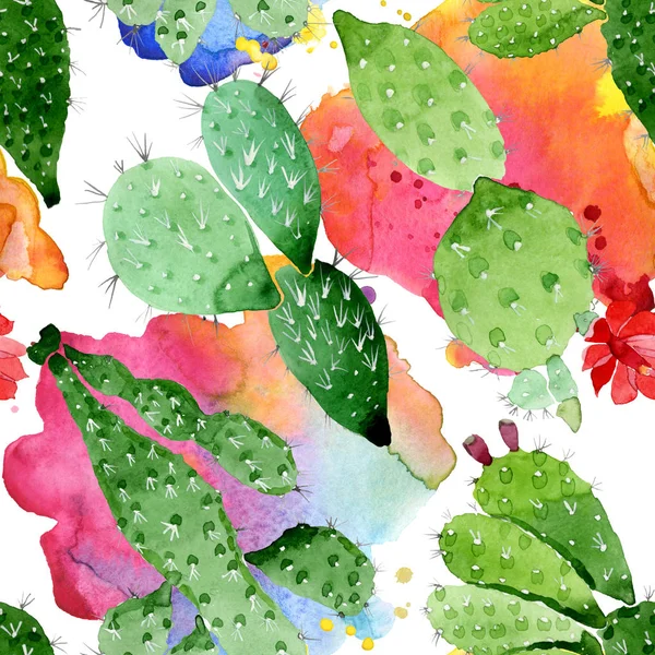 Grüne Kakteen mit botanischen Blüten. Aquarell Hintergrundillustration Set. nahtloses Hintergrundmuster. — Stockfoto