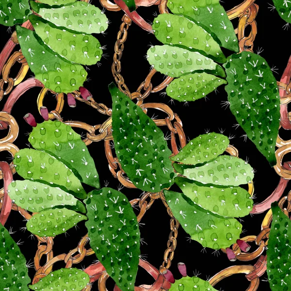 Grüne Kakteen mit botanischen Blüten. Aquarell Hintergrundillustration Set. nahtloses Hintergrundmuster. — Stockfoto