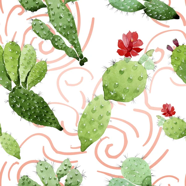 Green cactus floral botanical flowers. Watercolor background illustration set. Seamless background pattern. — Stock Photo