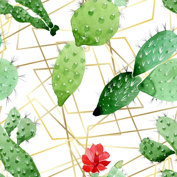 Green cactus floral botanical flowers. Watercolor background illustration set. Seamless background pattern. — Stock Photo