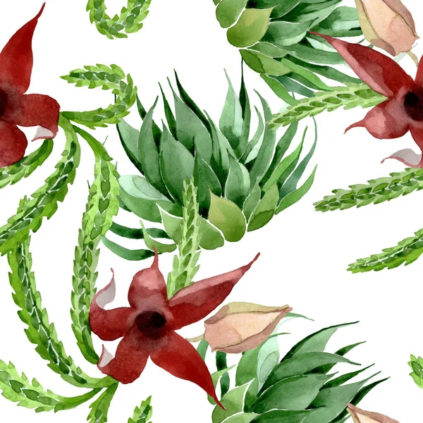 Green cactus floral botanical flower. Watercolor background illustration set. Seamless background pattern. — Stock Photo