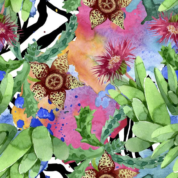 Grünen Kaktus Blumen botanische Blume. Aquarell Hintergrundillustration Set. nahtloses Hintergrundmuster. — Stockfoto