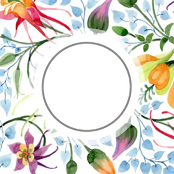 Blumenschmuck botanische Blume. wildes Frühlingsblatt Wildblume isoliert. Aquarell Hintergrundillustration Set. Aquarellzeichnung Modeaquarell isoliert. Rahmen Rand Ornament Quadrat. — Stockfoto