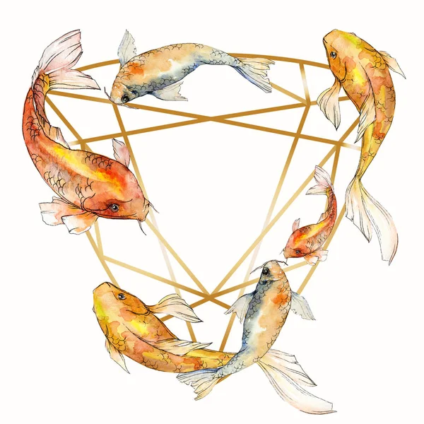 Watercolor aquatic underwater tropical fish set. Red sea and exotic fishes inside: Goldfish. Frame border square. — Stock Photo