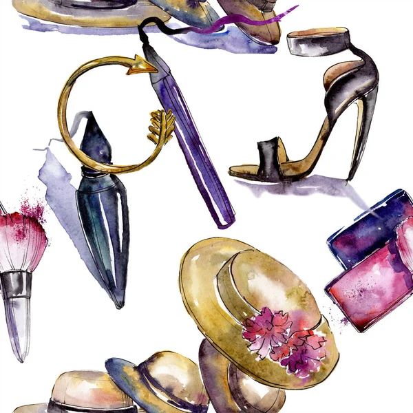 Vêtements accessoires et cosmétiques ensemble tenue à la mode. Ensemble d'illustration de fond aquarelle. Aquarelle dessin mode aquarelle. Modèle de fond sans couture. Texture d'impression papier peint tissu . — Photo de stock