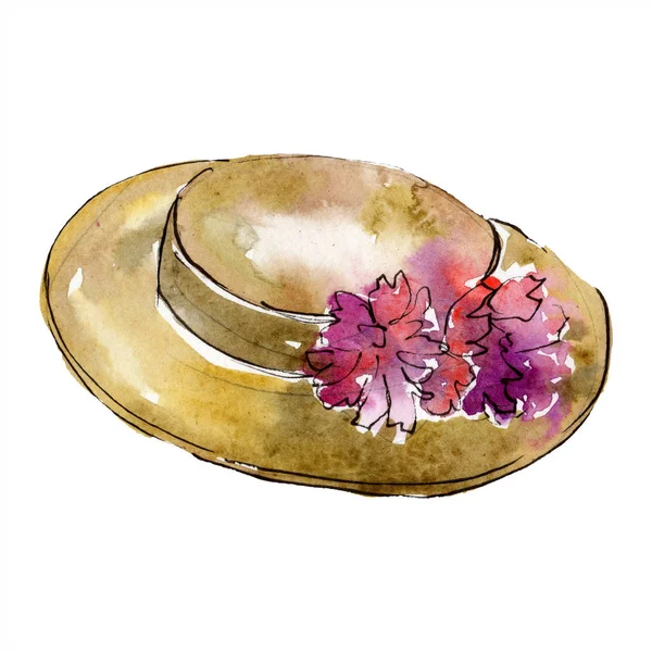 Sombrero con flores bosquejo moda glamour ilustración. Accesorios de ropa conjunto traje de moda. Conjunto de fondo acuarela. Acuarela dibujo moda aquarelle. Elemento de ilustración de sombrero aislado . - foto de stock