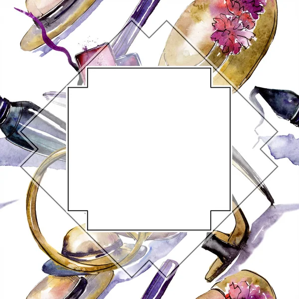 Cosmetics sketch fashion glamour illustration. Clothes accessories set trendy outfit. Watercolor background illustration set. Watercolour drawing fashion aquarelle. Frame border ornament square. — Stock Photo