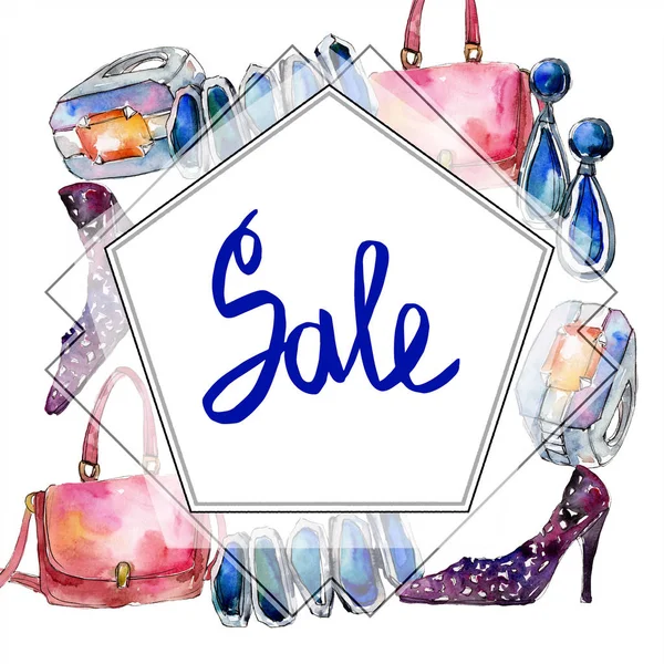 Accesorios de ropa conjunto traje de moda. Conjunto de ilustración de fondo acuarela. Acuarela dibujo moda aquarelle. Marco borde ornamento cuadrado . - foto de stock